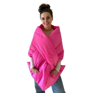 Puffy Wrap Shawl Hot Pink Long Cape Lagre Puffer 20x80 inch with 2 pocket and Belt. Cape around shoulders wrap. Winter quilted shawl. Warm padded scarf. Down puffy scarves.