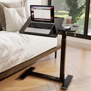 PUNCIA Adjustable Pneumatic Mobile Overbed Table with Wheels Split Top Tilting Bedside Bed Table with Tray Rolling Laptop Computer Standing Desk Cart Height 27"-40"