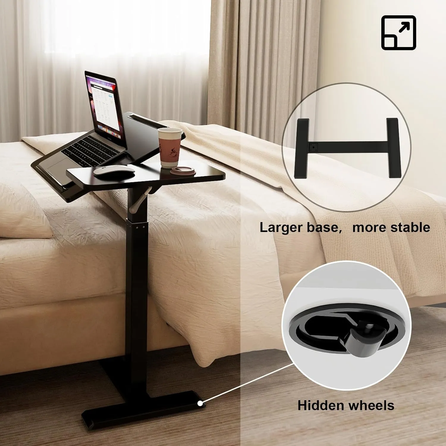 PUNCIA Adjustable Pneumatic Mobile Overbed Table with Wheels Split Top Tilting Bedside Bed Table with Tray Rolling Laptop Computer Standing Desk Cart Height 27"-40"