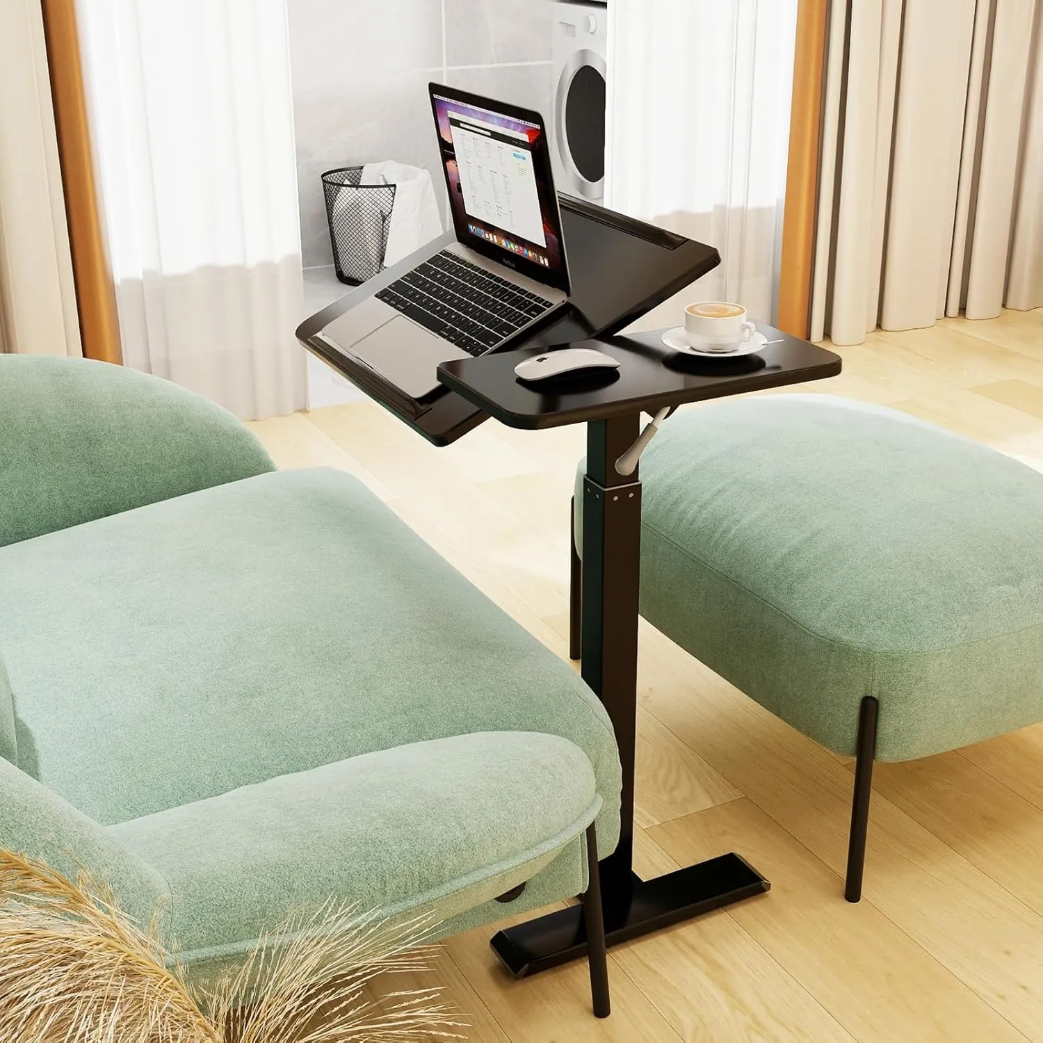 PUNCIA Adjustable Pneumatic Mobile Overbed Table with Wheels Split Top Tilting Bedside Bed Table with Tray Rolling Laptop Computer Standing Desk Cart Height 27"-40"