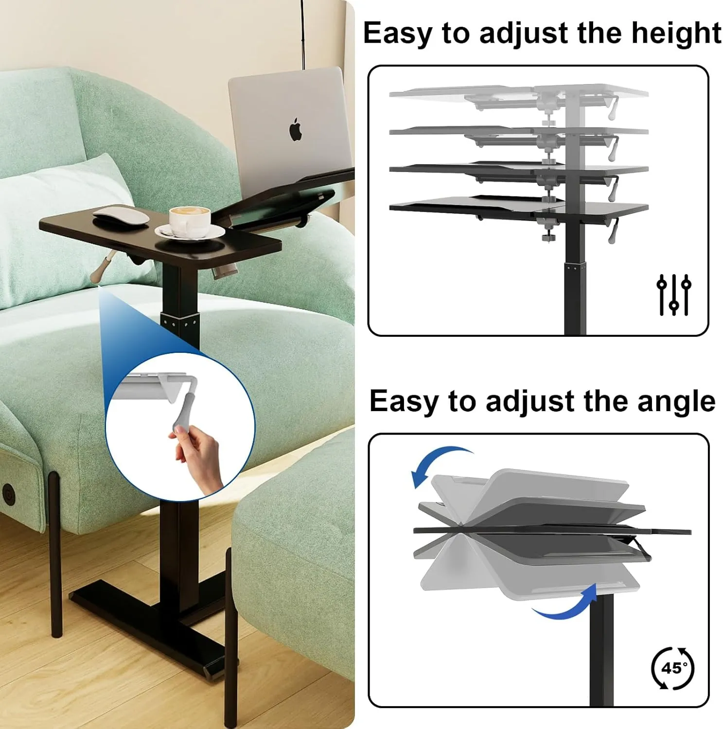 PUNCIA Adjustable Pneumatic Mobile Overbed Table with Wheels Split Top Tilting Bedside Bed Table with Tray Rolling Laptop Computer Standing Desk Cart Height 27"-40"