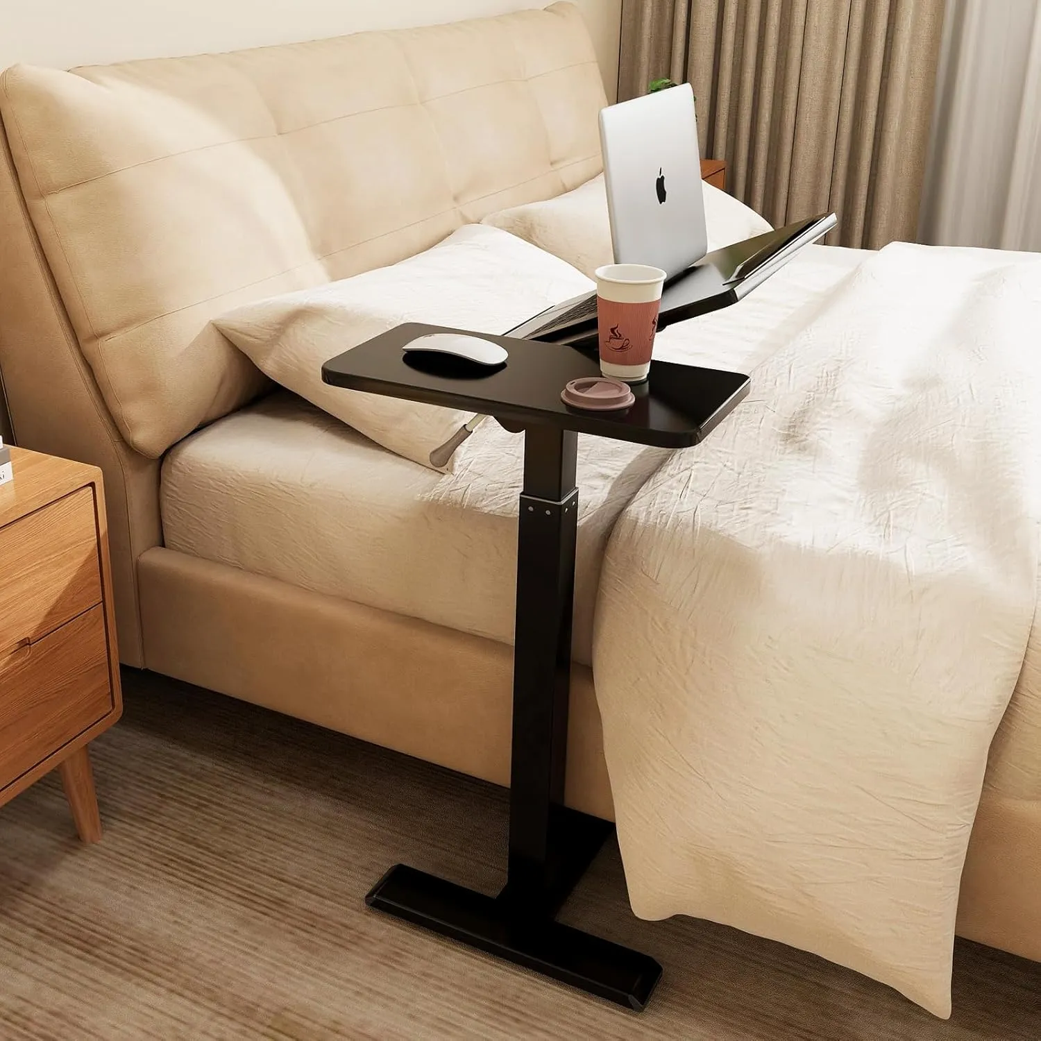 PUNCIA Adjustable Pneumatic Mobile Overbed Table with Wheels Split Top Tilting Bedside Bed Table with Tray Rolling Laptop Computer Standing Desk Cart Height 27"-40"