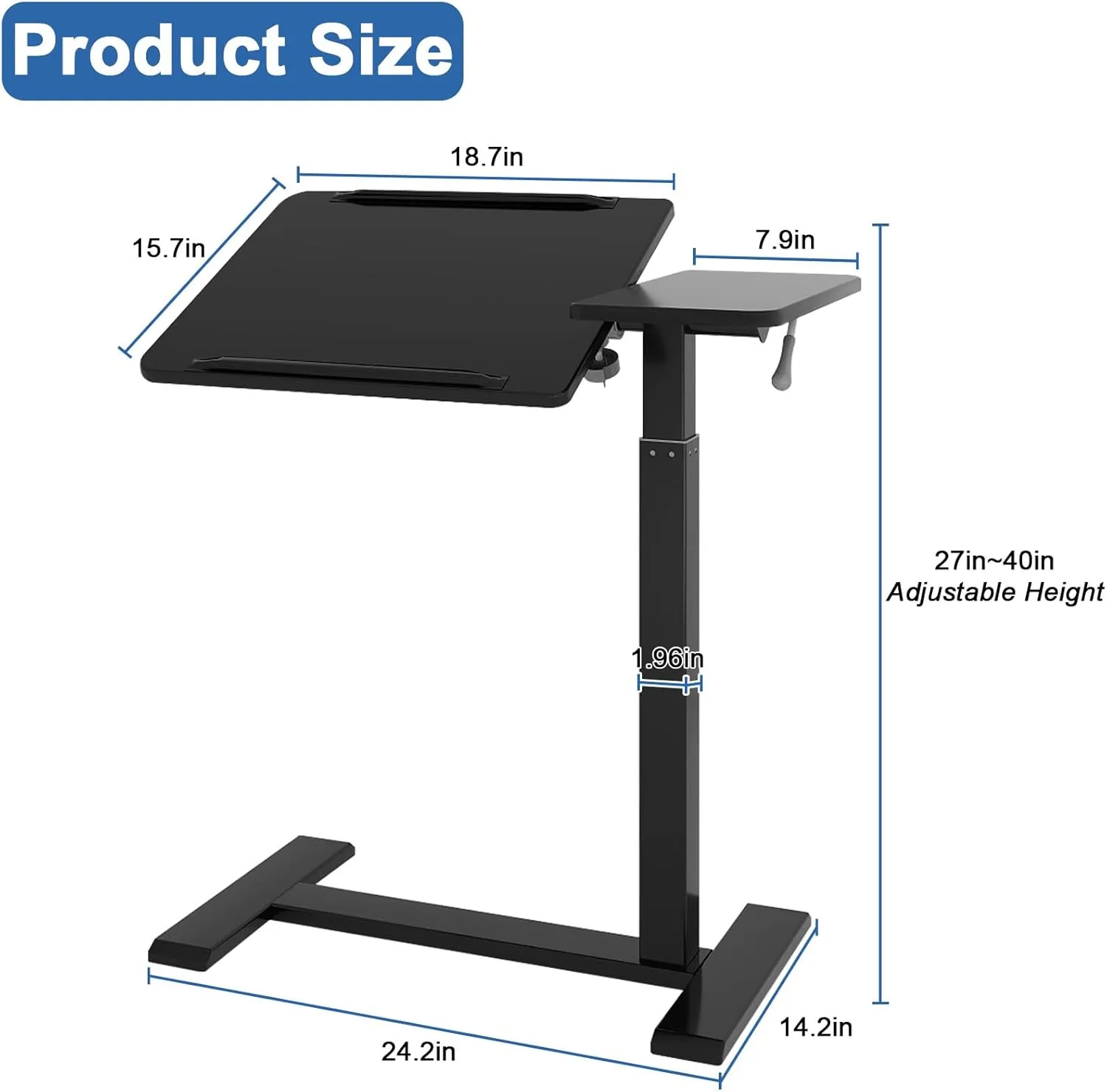 PUNCIA Adjustable Pneumatic Mobile Overbed Table with Wheels Split Top Tilting Bedside Bed Table with Tray Rolling Laptop Computer Standing Desk Cart Height 27"-40"