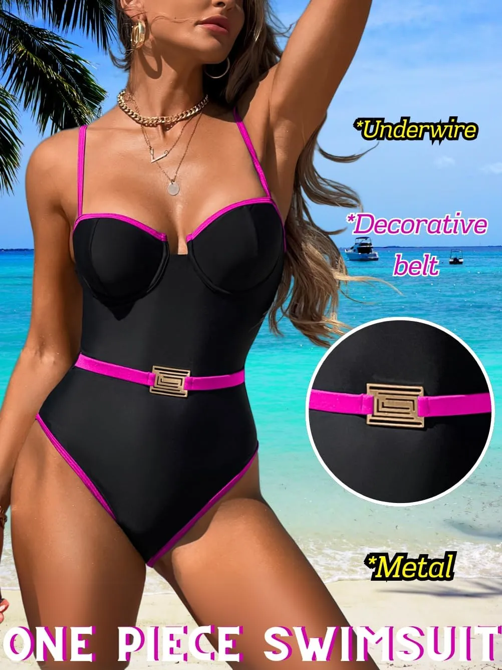 Push Up Swimsuit, Color Block High Cut, Vacation Pool Party, Sexy One Piece Bathing Suit Cheeky Going Out Outfits