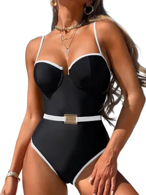 Push Up Swimsuit, Color Block High Cut, Vacation Pool Party, Sexy One Piece Bathing Suit Cheeky Going Out Outfits