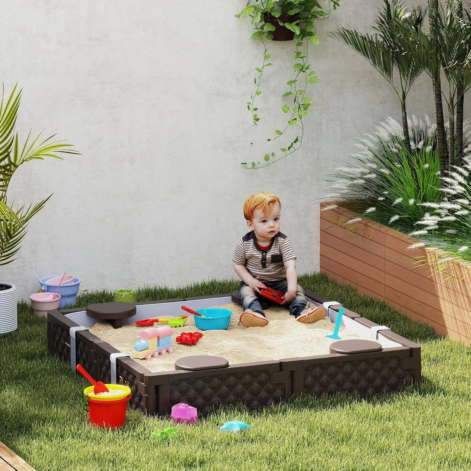 Qaba Kids Sandbox with Cover, Square 47" HDPE Large Sand Pit with 4 Seats, Waterproof Bottom Liner, Weather Resistant Outdoor Sand Box for Backyard, Lawn, Garden, Beach, Patio, Brown