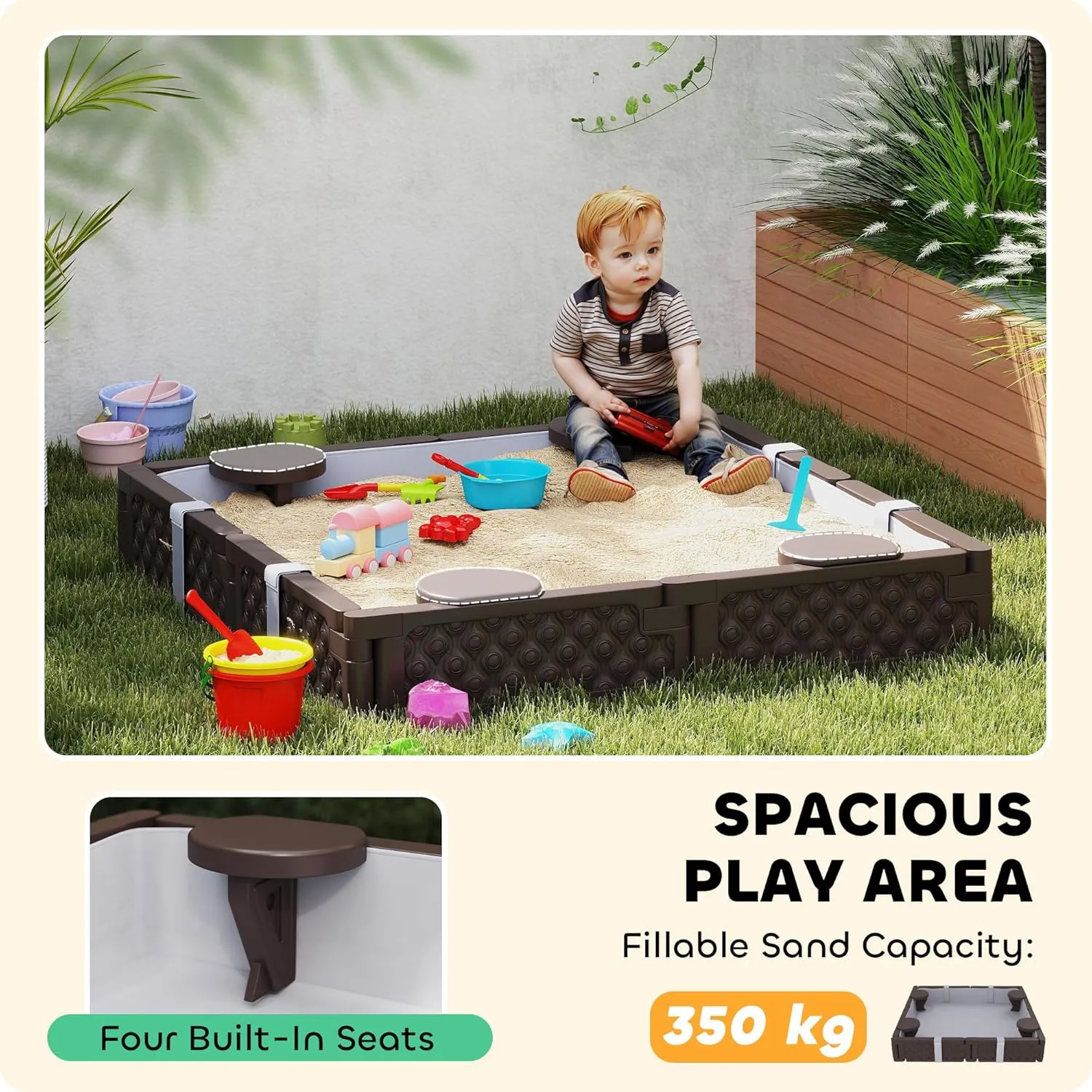 Qaba Kids Sandbox with Cover, Square 47" HDPE Large Sand Pit with 4 Seats, Waterproof Bottom Liner, Weather Resistant Outdoor Sand Box for Backyard, Lawn, Garden, Beach, Patio, Brown