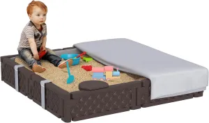 Qaba Kids Sandbox with Cover, Square 47" HDPE Large Sand Pit with 4 Seats, Waterproof Bottom Liner, Weather Resistant Outdoor Sand Box for Backyard, Lawn, Garden, Beach, Patio, Brown