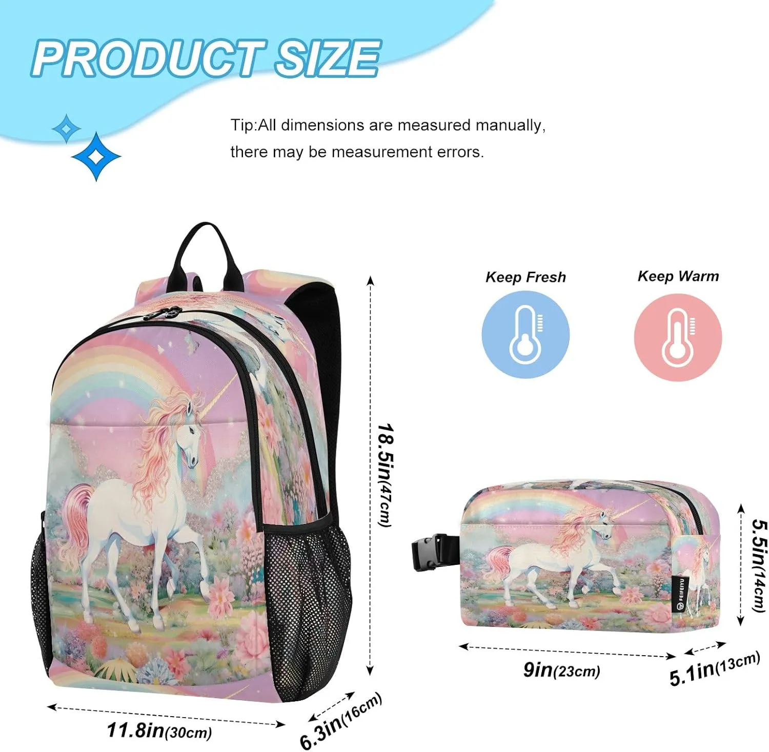 Rainbow Garden Unicorn Backpack for Kids Lightweight Travel Schoolbags with Lunch Box Set, A01E23037