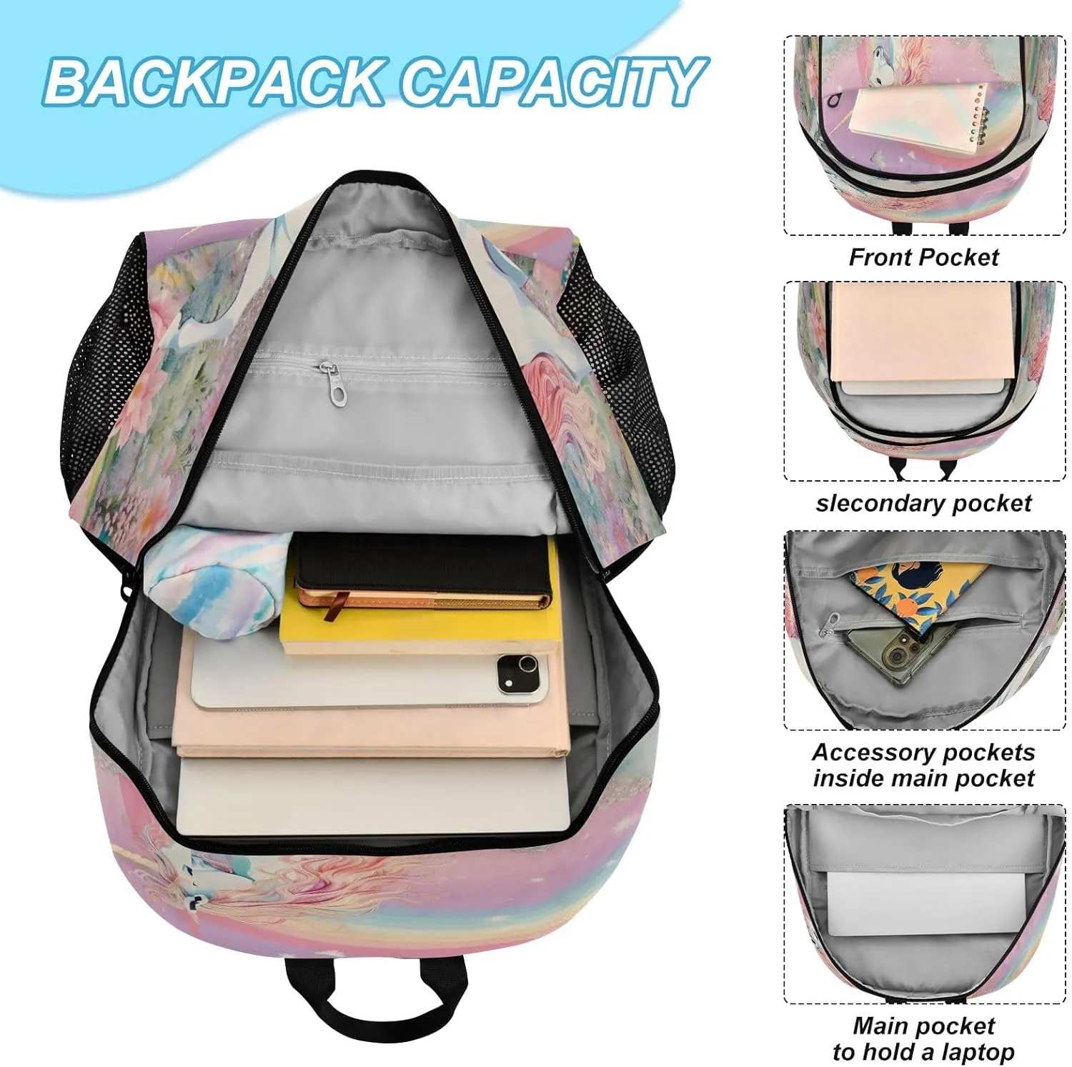 Rainbow Garden Unicorn Backpack for Kids Lightweight Travel Schoolbags with Lunch Box Set, A01E23037