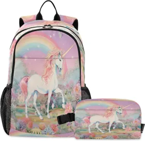 Rainbow Garden Unicorn Backpack for Kids Lightweight Travel Schoolbags with Lunch Box Set, A01E23037