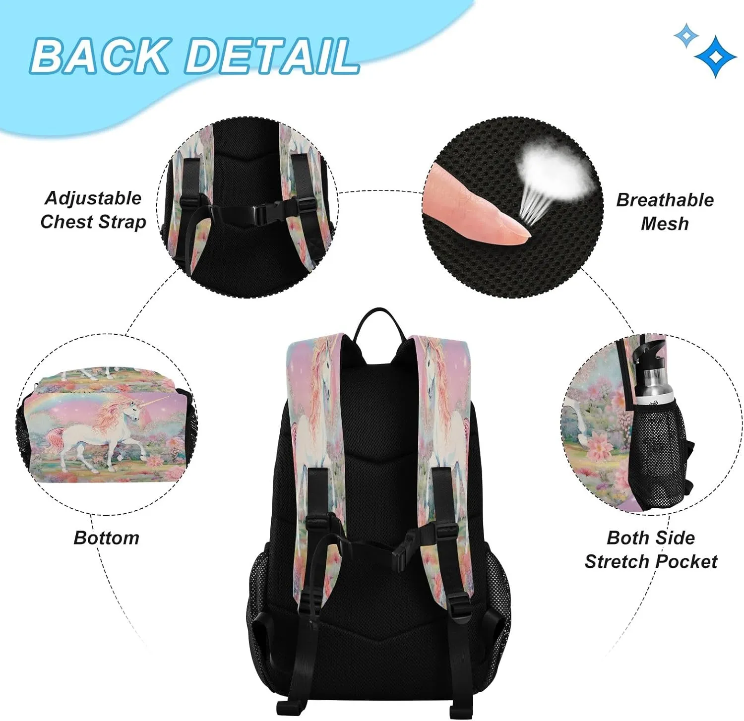 Rainbow Garden Unicorn Backpack for Kids Lightweight Travel Schoolbags with Lunch Box Set, A01E23037