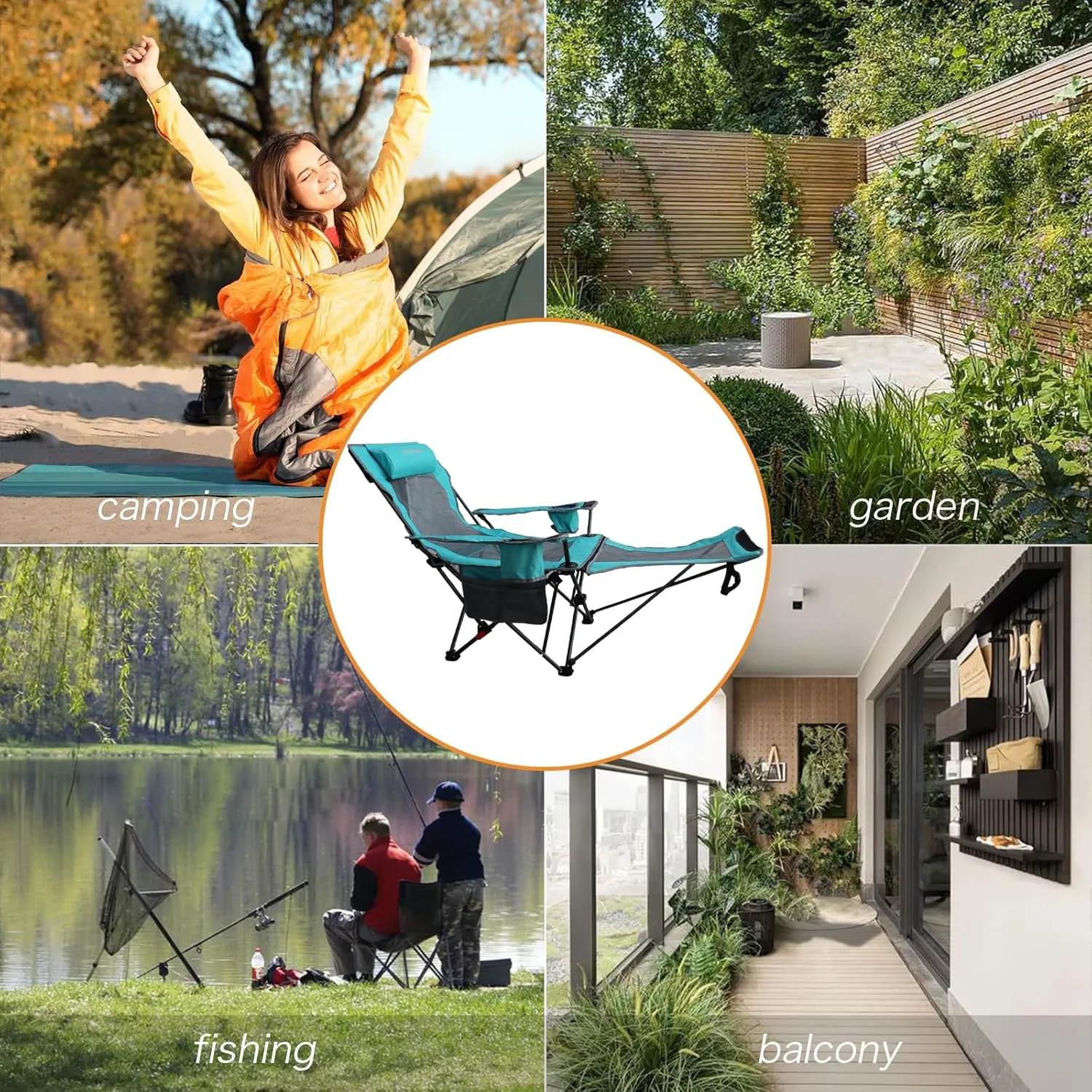 Reclining Camping Chair with Removable Footrest Lounge Chair with Headrest, Cotton Cushion, Portable Adjustable Folding Chairs for Adults Cyan