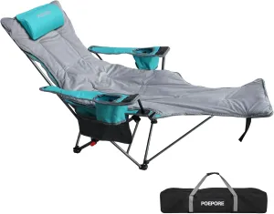 Reclining Camping Chair with Removable Footrest Lounge Chair with Headrest, Cotton Cushion, Portable Adjustable Folding Chairs for Adults Cyan