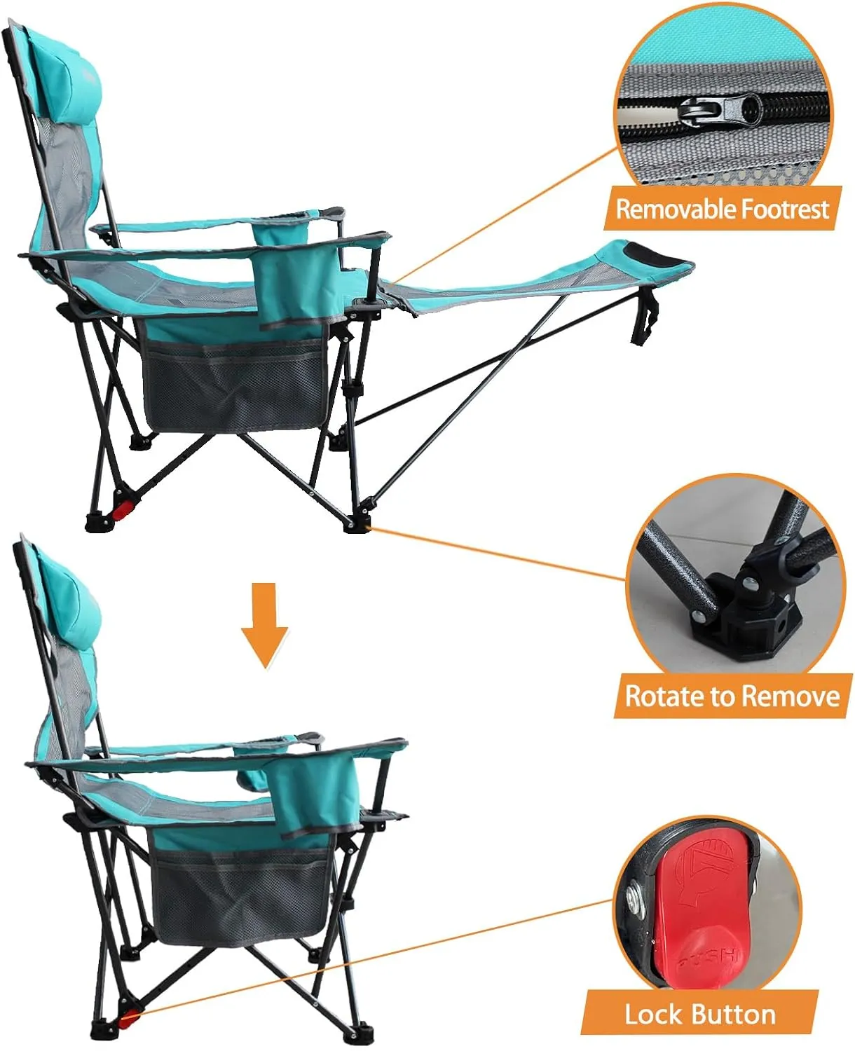 Reclining Camping Chair with Removable Footrest Lounge Chair with Headrest, Cotton Cushion, Portable Adjustable Folding Chairs for Adults Cyan