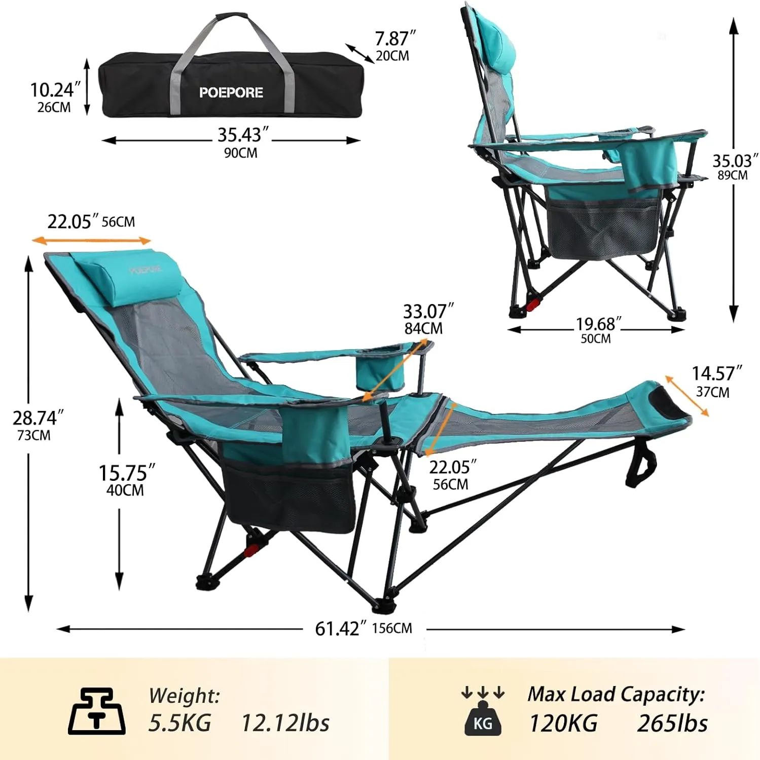 Reclining Camping Chair with Removable Footrest Lounge Chair with Headrest, Cotton Cushion, Portable Adjustable Folding Chairs for Adults Cyan