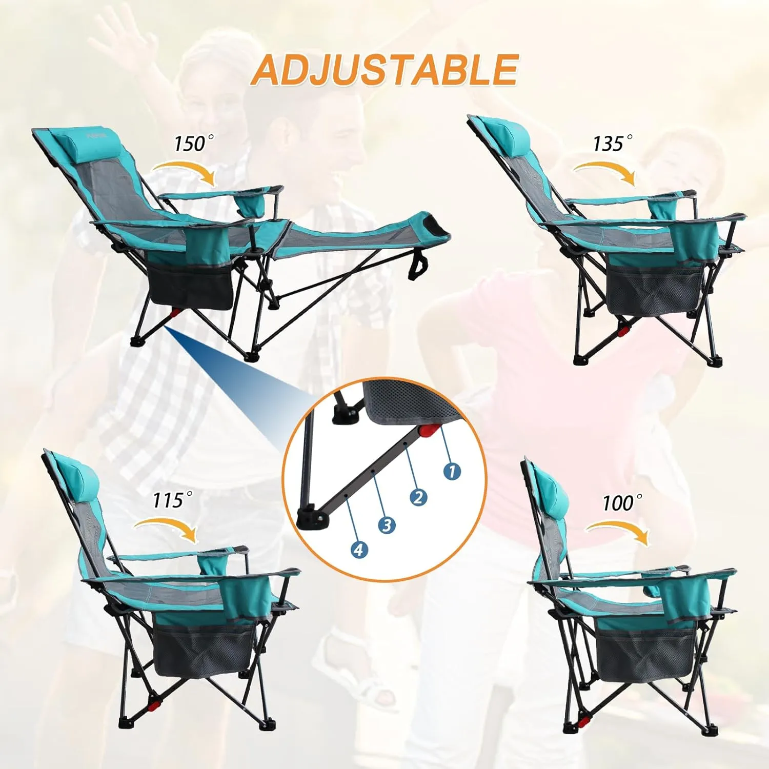 Reclining Camping Chair with Removable Footrest Lounge Chair with Headrest, Cotton Cushion, Portable Adjustable Folding Chairs for Adults Cyan