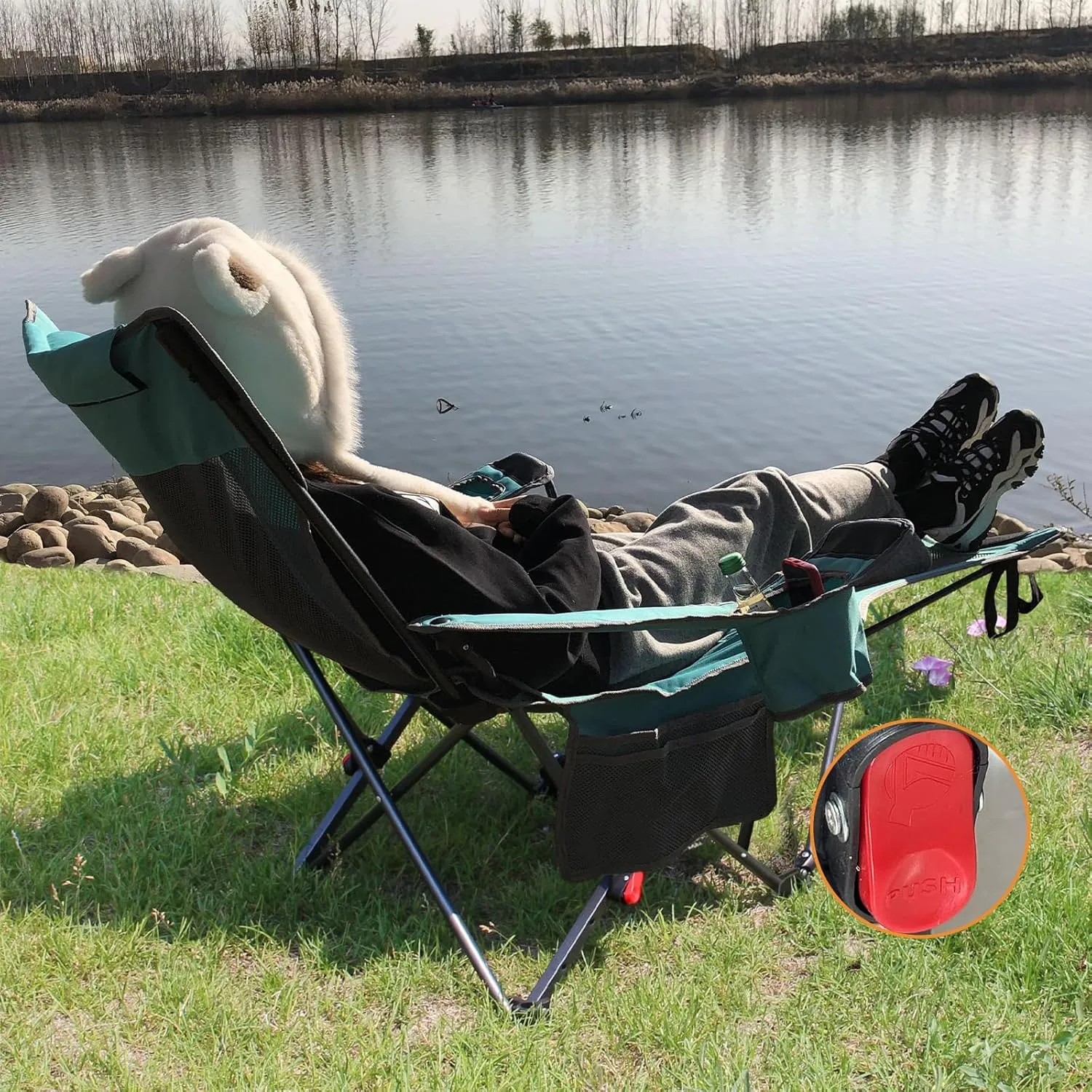 Reclining Camping Chair with Removable Footrest Lounge Chair with Headrest, Cotton Cushion, Portable Adjustable Folding Chairs for Adults Cyan