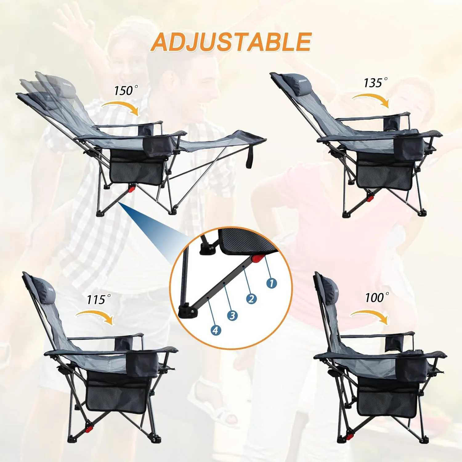 Reclining Camping Chair with Removable Footrest Lounge Chair with Headrest, Cotton Cushion, Portable Adjustable Folding Chairs