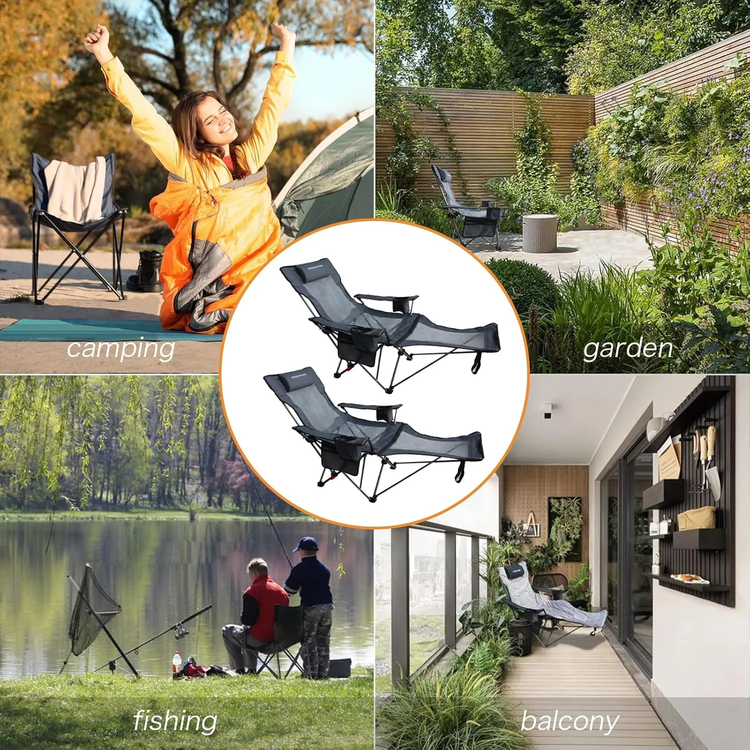 Reclining Camping Chair with Removable Footrest Lounge Chair with Headrest, Cotton Cushion, Portable Adjustable Folding Chairs