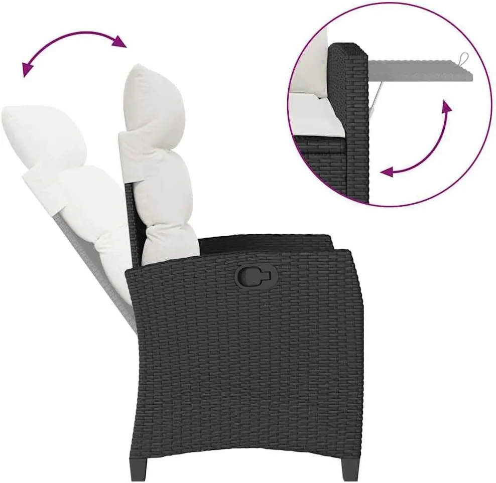 Reclining Patio Chair with Foldable Side Table Black PE Rattan Outdoor Furniture Lounge Chair Adjustable Backrest Thick Cushions for Pool Beach Camping