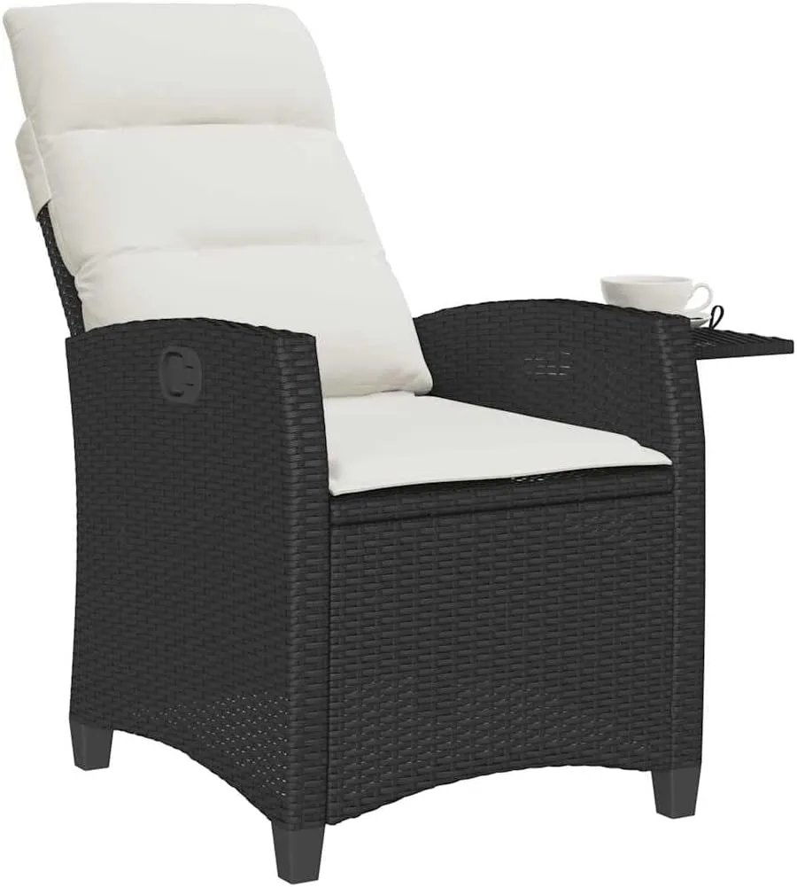 Reclining Patio Chair with Foldable Side Table Black PE Rattan Outdoor Furniture Lounge Chair Adjustable Backrest Thick Cushions for Pool Beach Camping
