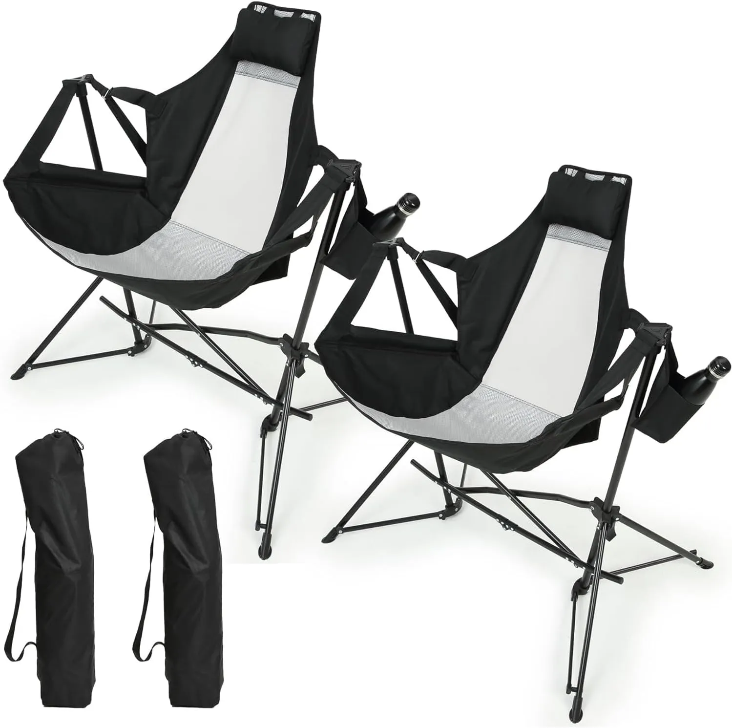 Relax Anywhere with Portable Folding Hammock Camping Chair, Adjustable Recliner with Pillow and Cup Holder, Black