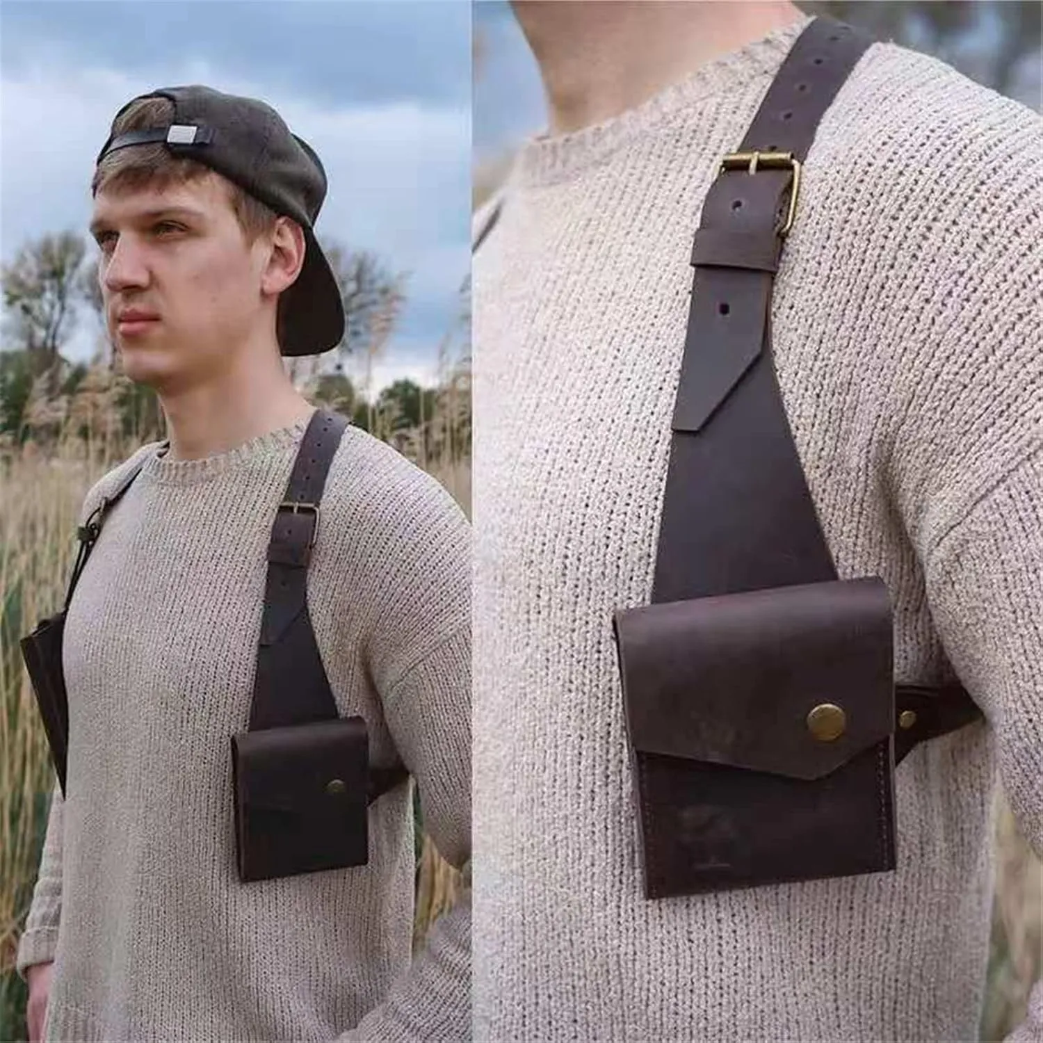 Resnan Underarm Double Shoulder Bag Leather Holster Wallet Adjustable Concealed Armpit Bag Crisscross Back Satchel