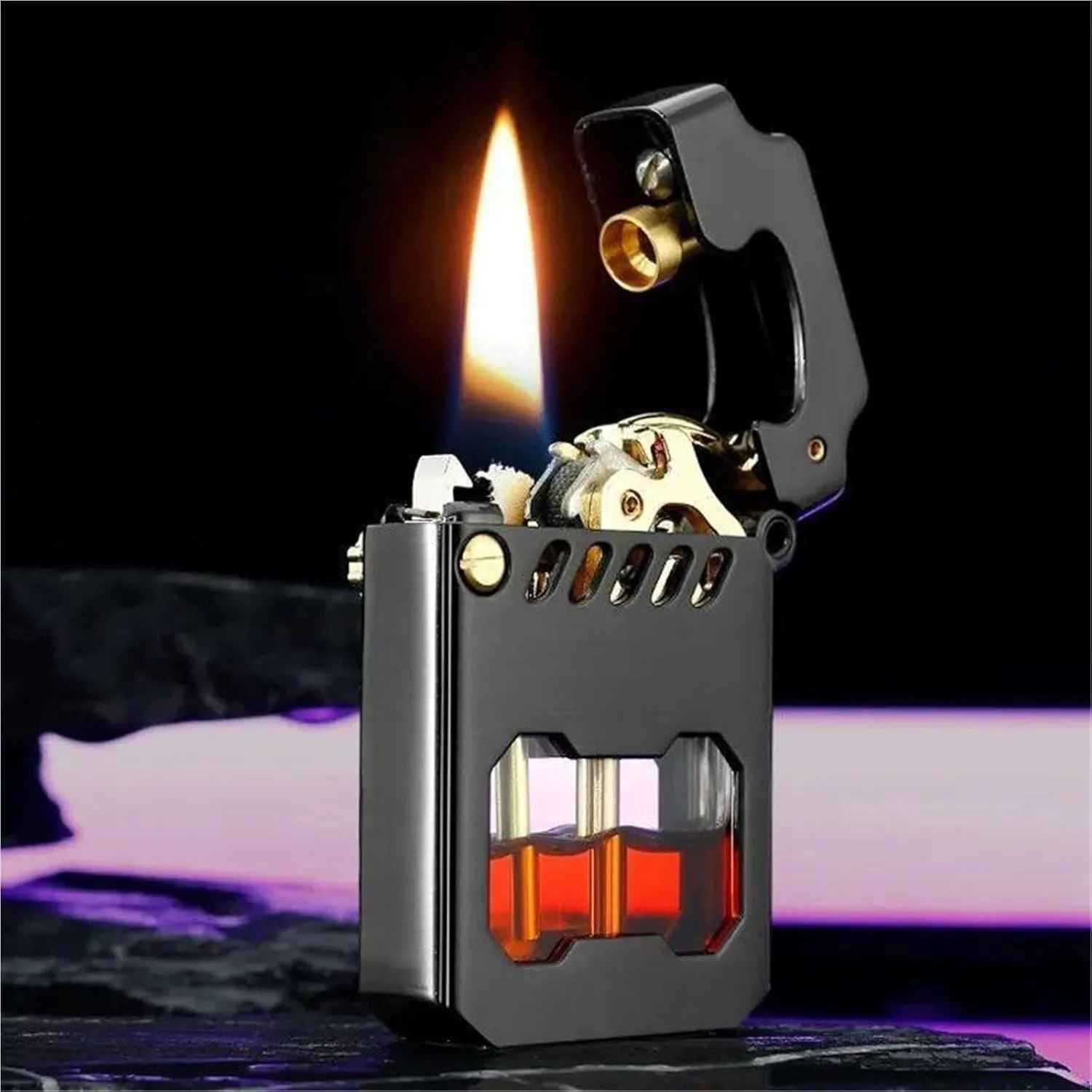 Retro Kerosene Lighter, Mechanical Metal Rocker Lighter, Retro Transparent Oil Tank, Metal Rocker, Windproof, Suitable for Collection, Outdoor Camping and Gift Giving(Silver)