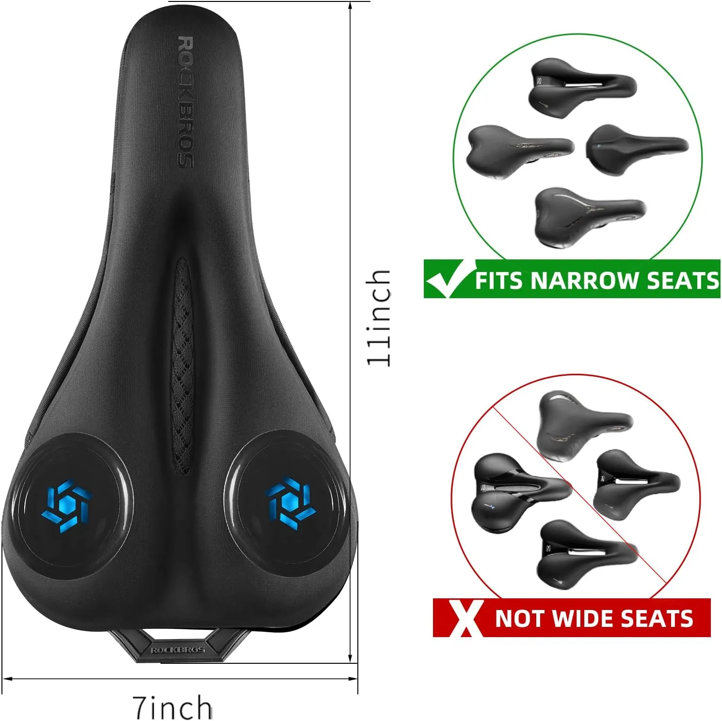 ROCKBROS Bike Seat Cushion Gel Seat Cover Padded Narrow Seat Cover for Peloton, Spin, Stationary, Mountain Road Bike with Rain Cover, 11x7inch