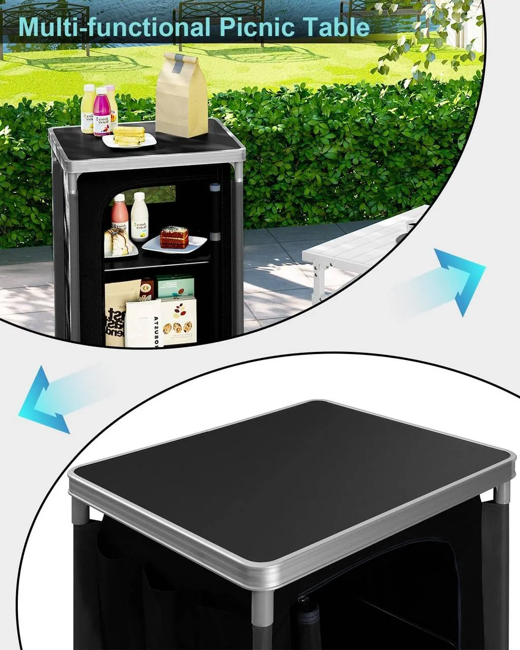 Rootz Camping Cabinet with Hanging Storage - Outdoor Kitchen - Camping Table - Portable Camp Cupboard - 58cm x 105.5cm x 47cm