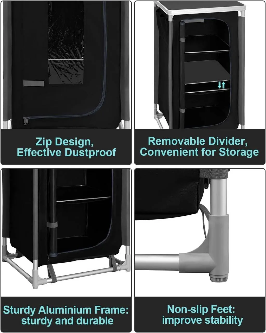 Rootz Camping Cabinet with Hanging Storage - Outdoor Kitchen - Camping Table - Portable Camp Cupboard - 58cm x 105.5cm x 47cm