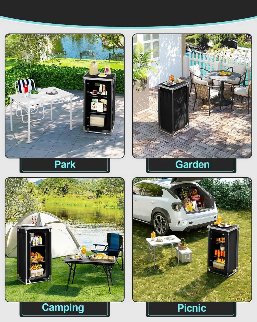 Rootz Camping Cabinet with Hanging Storage - Outdoor Kitchen - Camping Table - Portable Camp Cupboard - 58cm x 105.5cm x 47cm