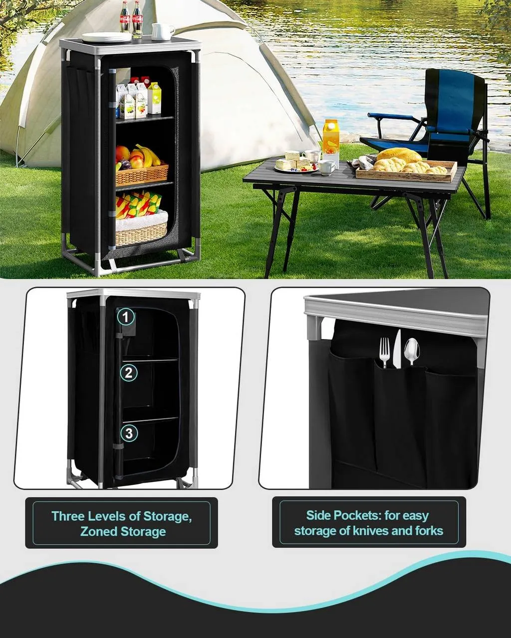 Rootz Camping Cabinet with Hanging Storage - Outdoor Kitchen - Camping Table - Portable Camp Cupboard - 58cm x 105.5cm x 47cm