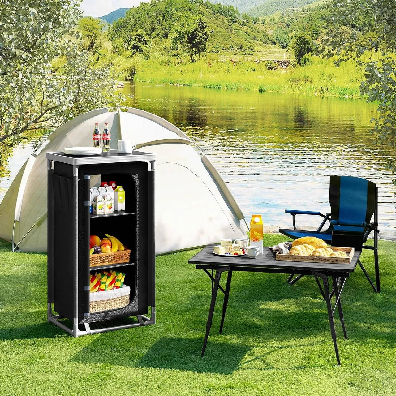 Rootz Camping Cabinet with Hanging Storage - Outdoor Kitchen - Camping Table - Portable Camp Cupboard - 58cm x 105.5cm x 47cm
