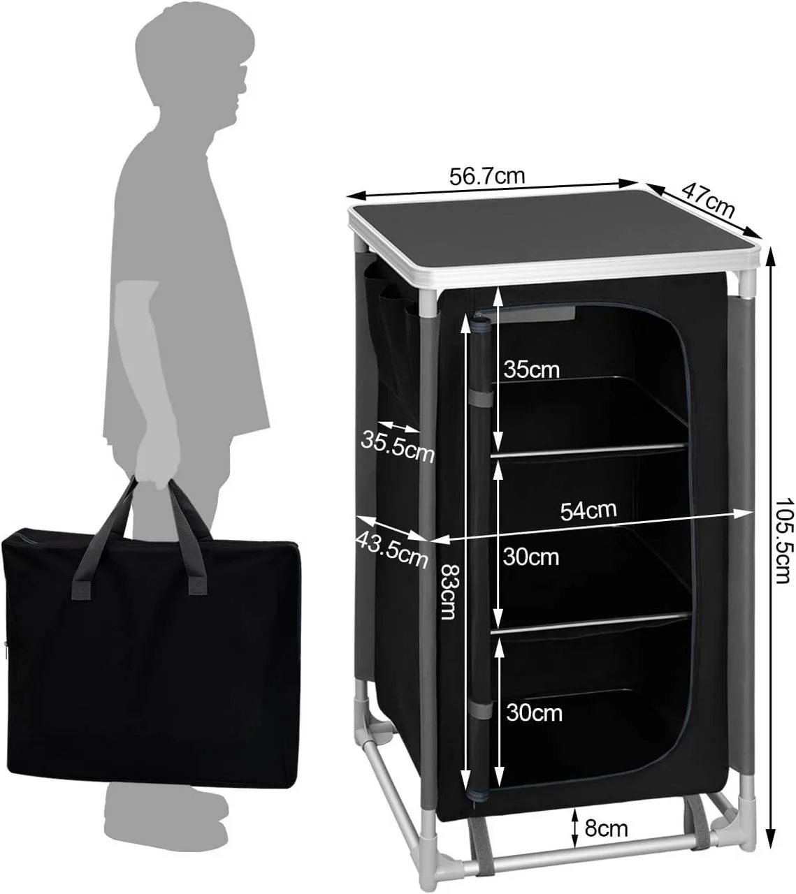 Rootz Camping Cabinet with Hanging Storage - Outdoor Kitchen - Camping Table - Portable Camp Cupboard - 58cm x 105.5cm x 47cm