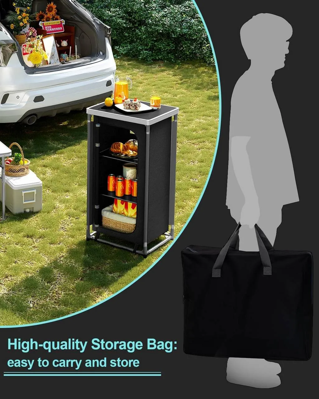Rootz Camping Cabinet with Hanging Storage - Outdoor Kitchen - Camping Table - Portable Camp Cupboard - 58cm x 105.5cm x 47cm