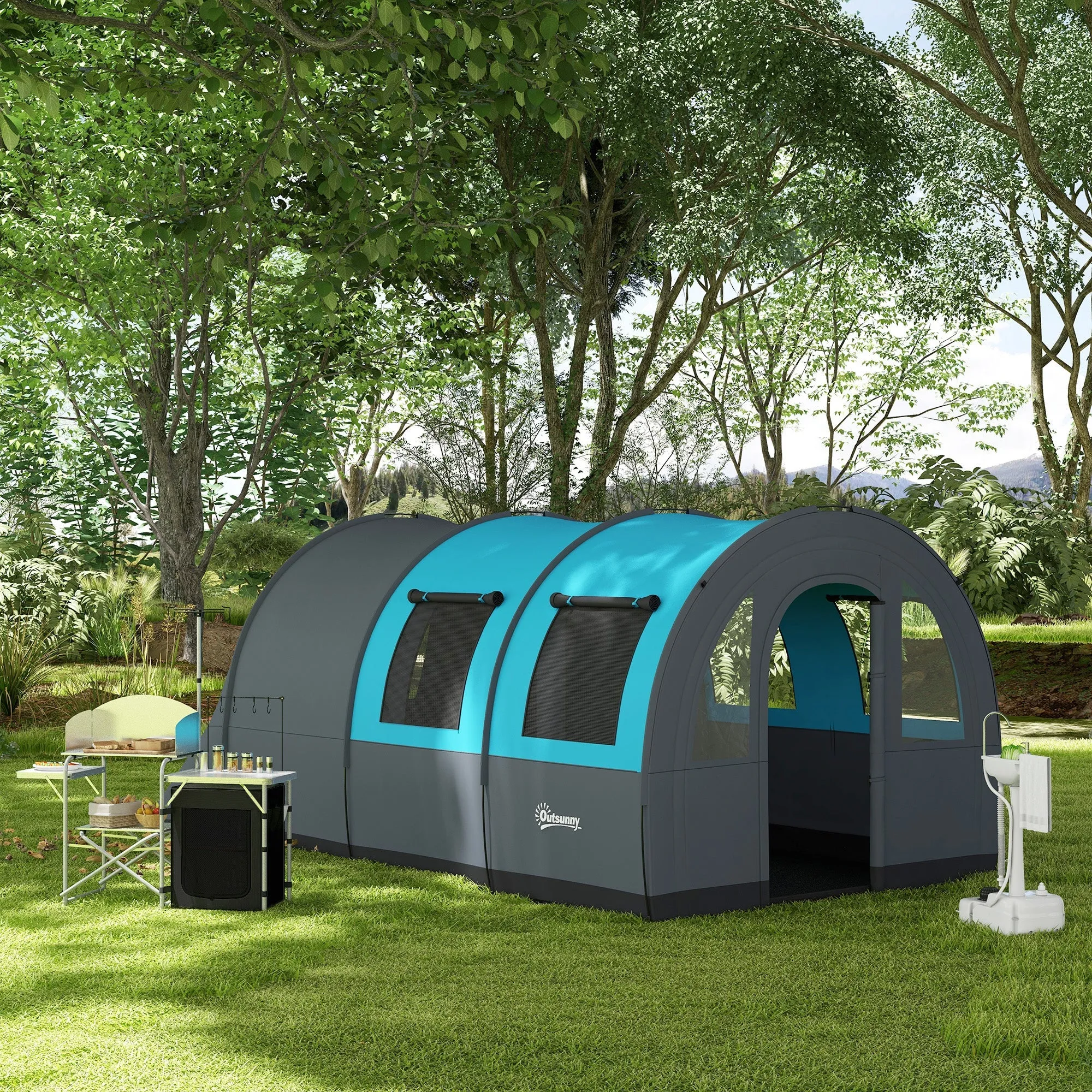 Rootz Portable Camping Kitchen - Outdoor Cooking Table - Folding Kitchen Unit - Organized Storage - 146cm x 49cm x 130-180cm