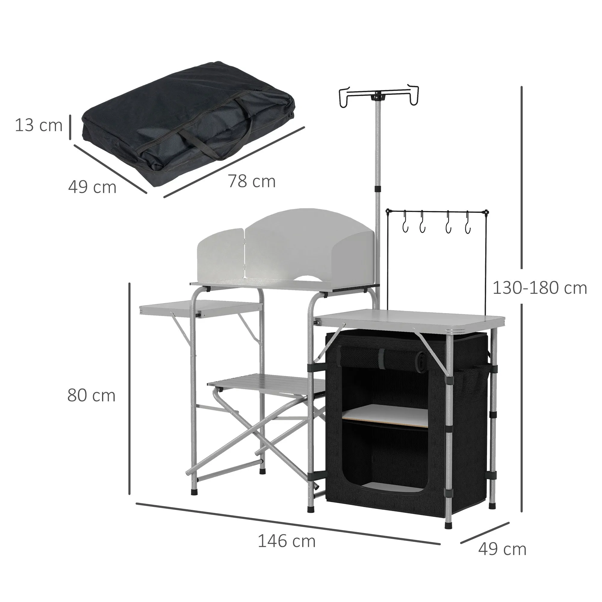 Rootz Portable Camping Kitchen - Outdoor Cooking Table - Folding Kitchen Unit - Organized Storage - 146cm x 49cm x 130-180cm