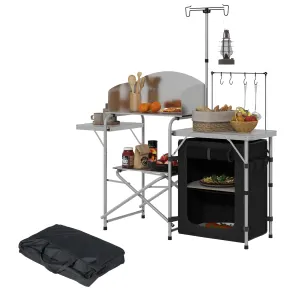 Rootz Portable Camping Kitchen - Outdoor Cooking Table - Folding Kitchen Unit - Organized Storage - 146cm x 49cm x 130-180cm