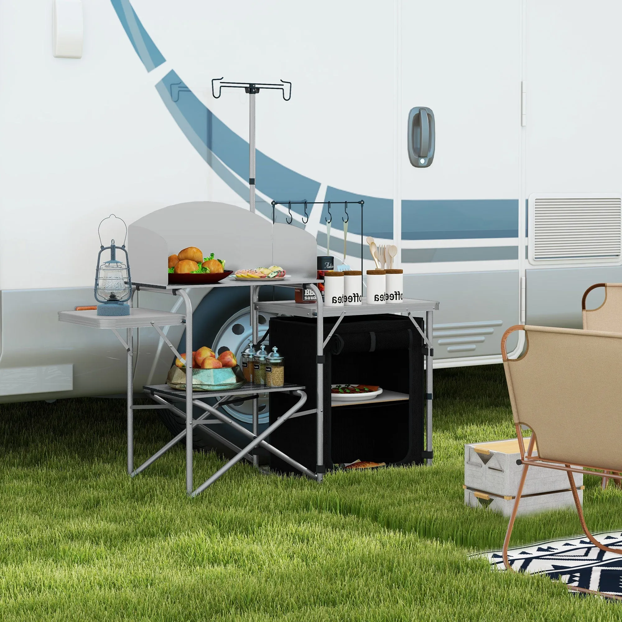Rootz Portable Camping Kitchen - Outdoor Cooking Table - Folding Kitchen Unit - Organized Storage - 146cm x 49cm x 130-180cm