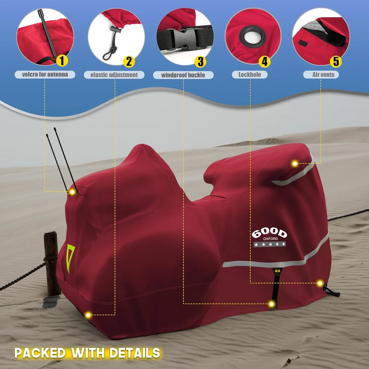 Rosefray Motorcycle Cover with Side Top Box Heavy Duty 600D Waterproof for Touring Models Harley Davidson Ultra Limited,Road Glide Limited, Gold Wing,Road Master,Indoor & Outdoor Storage Red