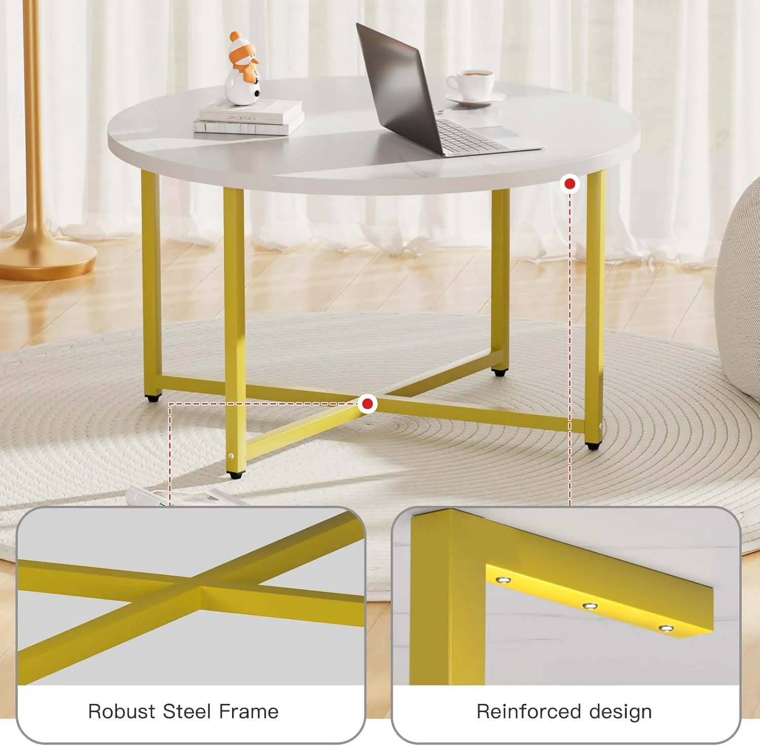 Round Coffee Table, 31.5" Circle Coffee Table, Coffee Tables Living Room, Gold Coffee Table Round for Indoor & Outdoor Use, Office, Patio or Garden, Large White & Gold (31.5" D x 17.7" H)