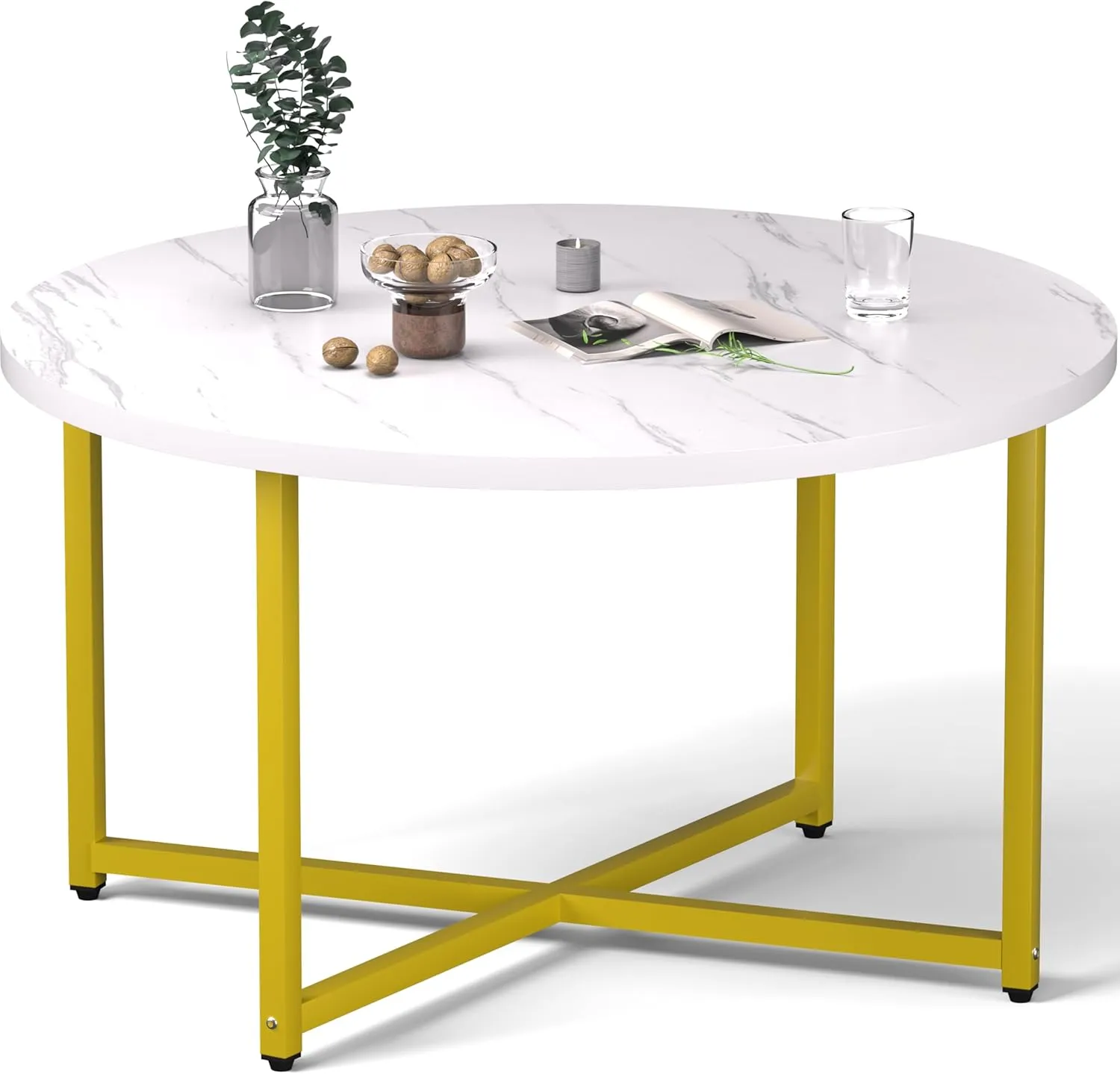 Round Coffee Table, 31.5" Circle Coffee Table, Coffee Tables Living Room, Gold Coffee Table Round for Indoor & Outdoor Use, Office, Patio or Garden, Large White & Gold (31.5" D x 17.7" H)