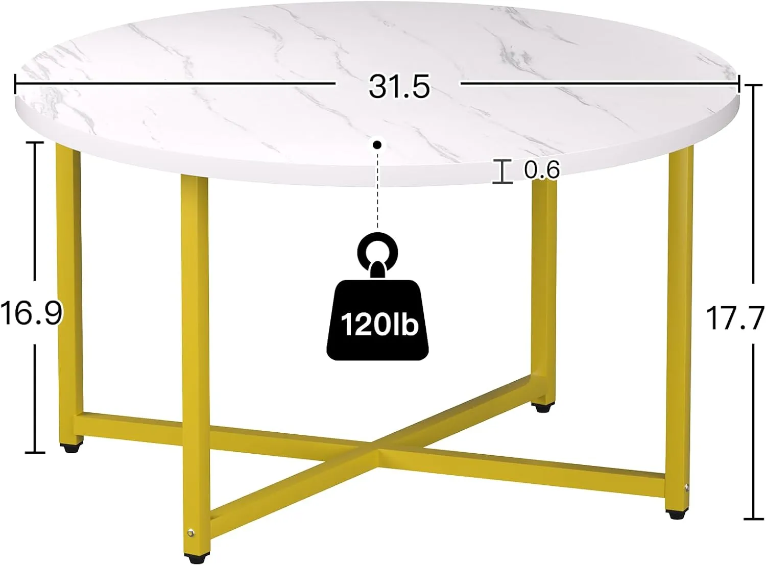 Round Coffee Table, 31.5" Circle Coffee Table, Coffee Tables Living Room, Gold Coffee Table Round for Indoor & Outdoor Use, Office, Patio or Garden, Large White & Gold (31.5" D x 17.7" H)