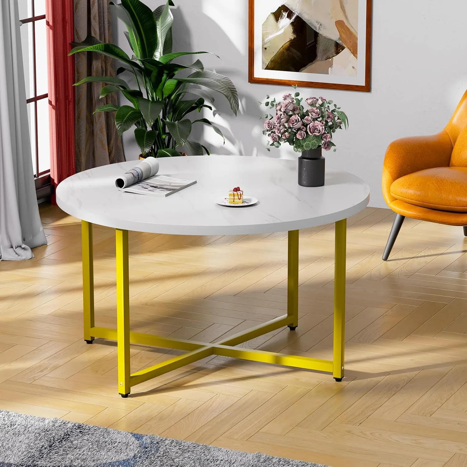Round Coffee Table, 31.5" Circle Coffee Table, Coffee Tables Living Room, Gold Coffee Table Round for Indoor & Outdoor Use, Office, Patio or Garden, Large White & Gold (31.5" D x 17.7" H)
