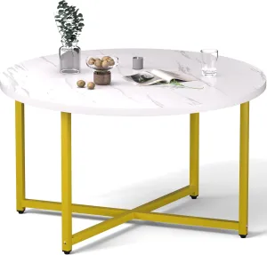 Round Coffee Table, 31.5" Circle Coffee Table, Coffee Tables Living Room, Gold Coffee Table Round for Indoor & Outdoor Use, Office, Patio or Garden, Large White & Gold (31.5" D x 17.7" H)