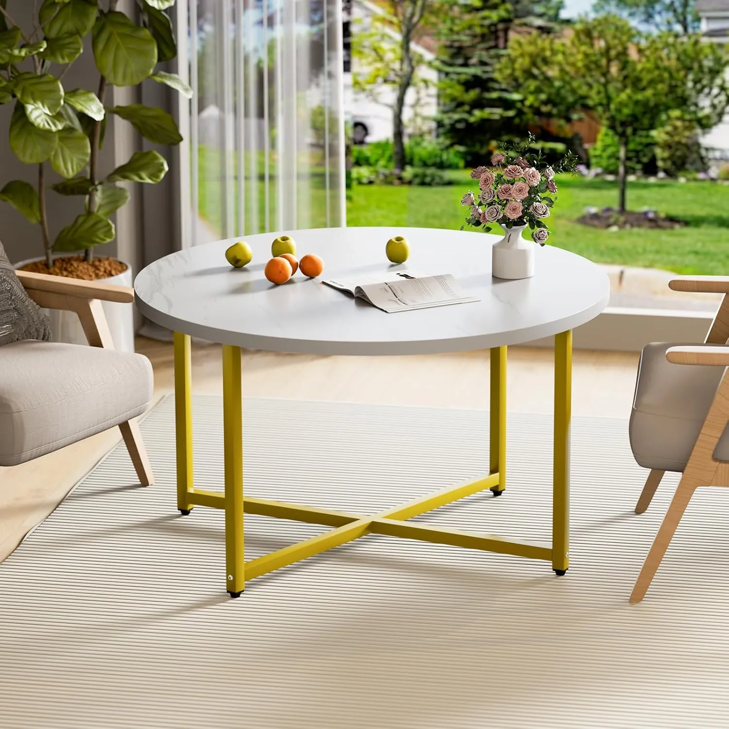 Round Coffee Table, 31.5" Circle Coffee Table, Coffee Tables Living Room, Gold Coffee Table Round for Indoor & Outdoor Use, Office, Patio or Garden, Large White & Gold (31.5" D x 17.7" H)