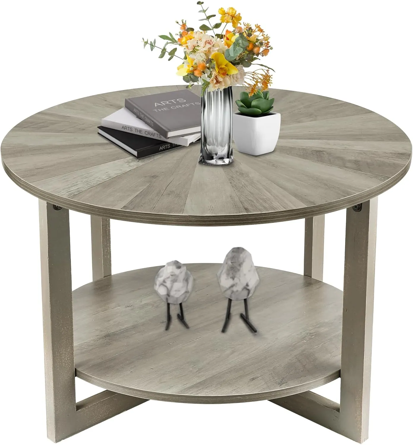 Round Coffee Table with Storage, Mid Century Modern Engineered Wood Coffee Table, Small Coffee Tables for Living Room, Grey Tea Table, Rustic Wooden Circle Center Table Living Room Furniture