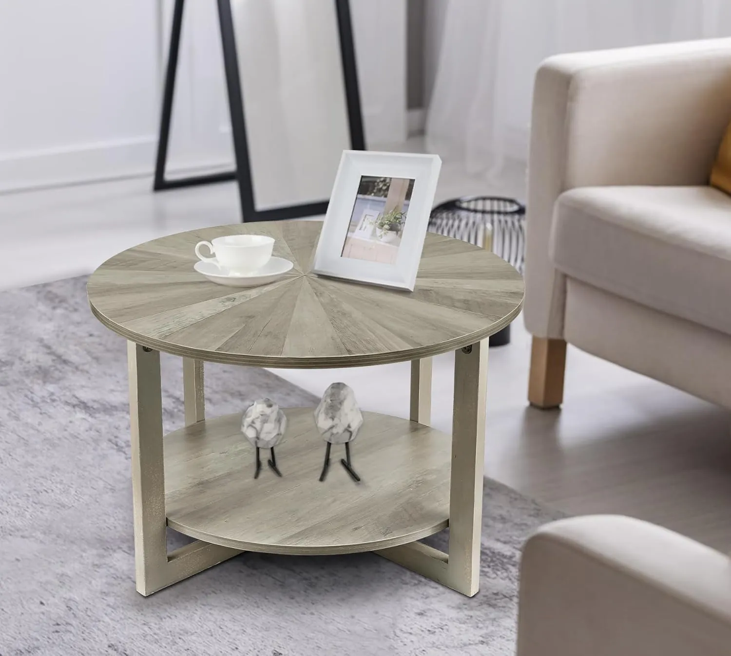 Round Coffee Table with Storage, Mid Century Modern Engineered Wood Coffee Table, Small Coffee Tables for Living Room, Grey Tea Table, Rustic Wooden Circle Center Table Living Room Furniture